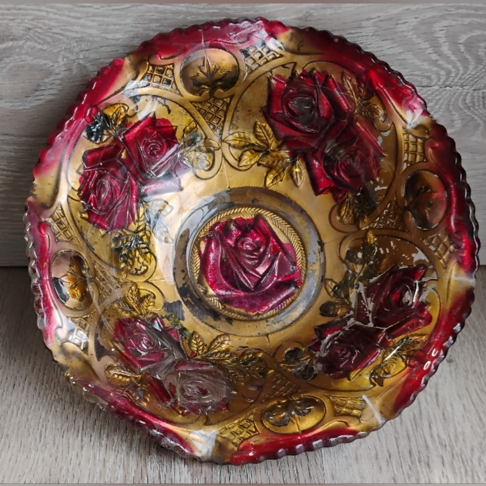 Antique 20's Goofus Glass Bowl Roses Gold Accents Pressed Art Glass